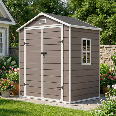 6 ft. W x 4 ft. D Outdoor Resin Storage Shed, Waterproof Patio Storage Shed with Window, Lockable Door and Floor, Plastic Large Tool Shed for Garden, Poolside, Lawn, Bike