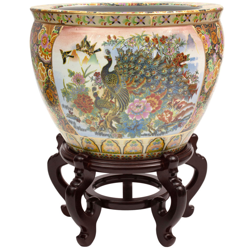 Satsuma Garden & Peacock Porcelain Fishbowl, 16.5" H x 20.5" W x 20" D, Birds and Flowers