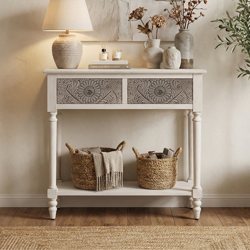 31.5" W 2-Drawer Carved Console Table, 31.5"W × 11.8"D × 30.7"H