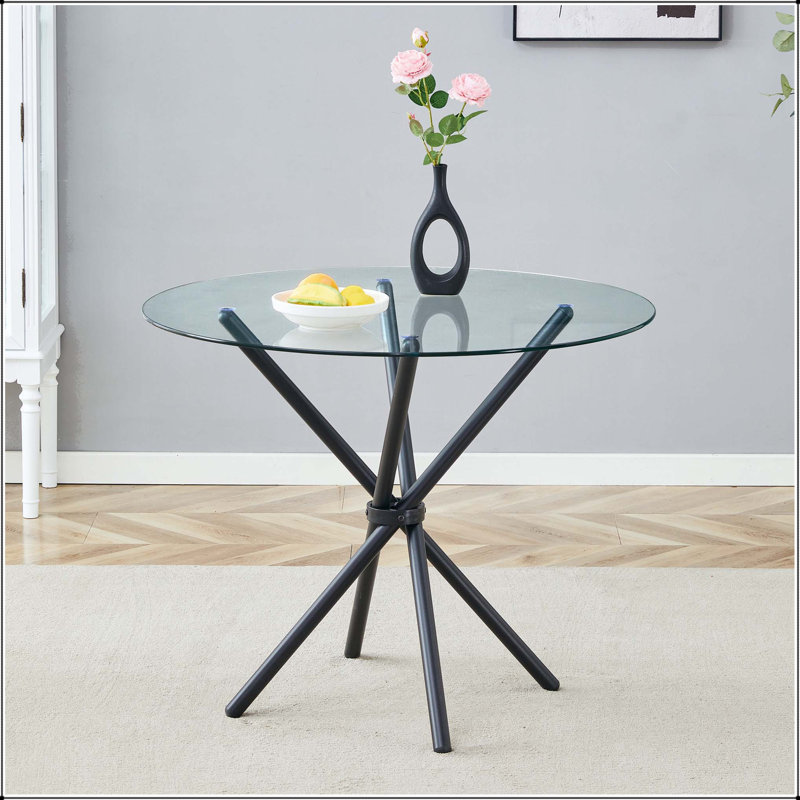 Table de salle à manger ronde en verre avec pieds en métal en forme d'anneau, Transparent / Black