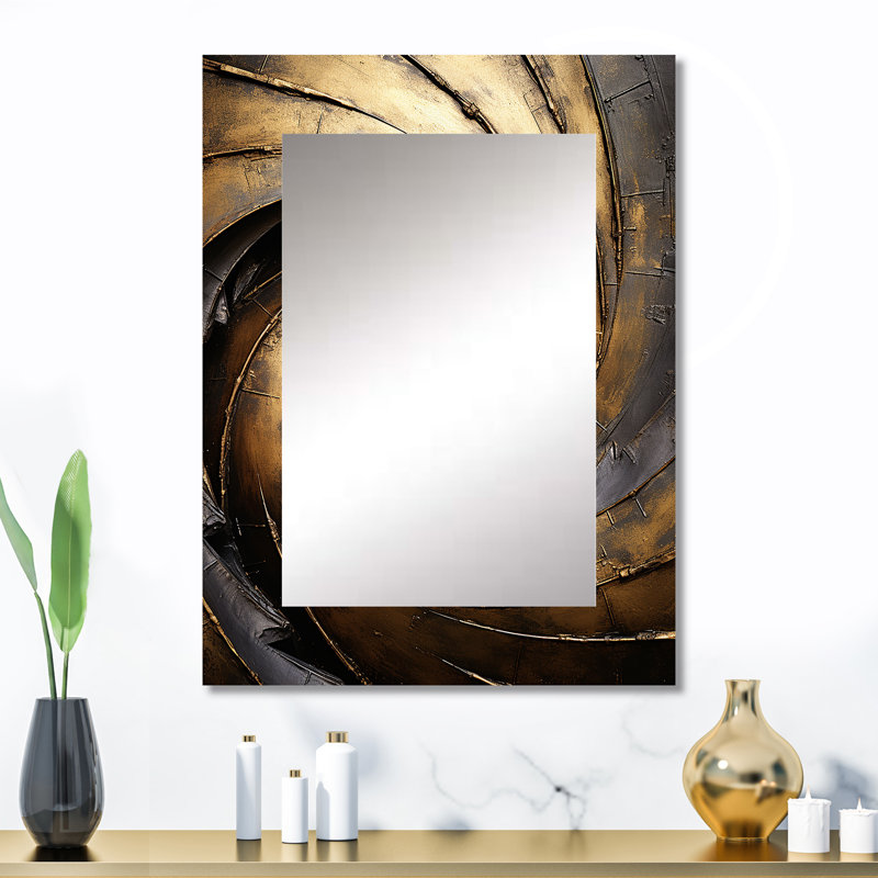 Gold Black Timeless Turn - Abstract Spirals Wall Mirror, Modern Decorative Mirror, Printed Metal Art, 32" x 24"