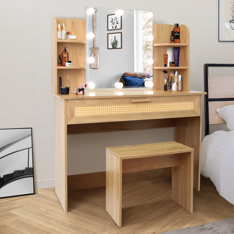 Ensemble de coiffeuse avec tabouret et tiroirs, Bois naturel