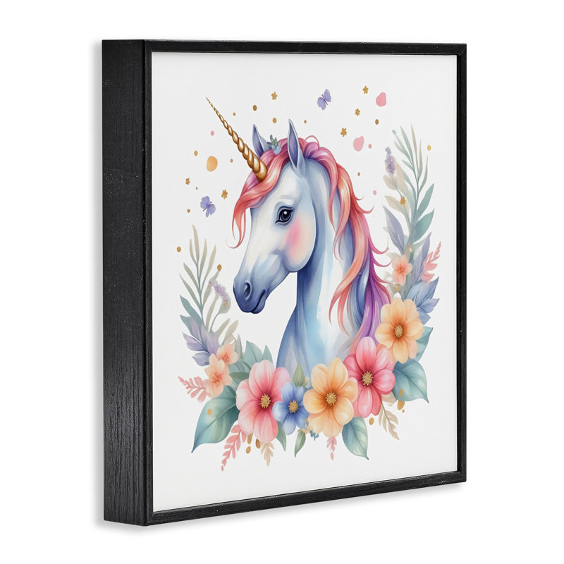 Giclée encadrée de licorne colorée avec des fleurs, design by Creative Studio, Giclée encadrée noir minuit, H 12 po x l 12 po