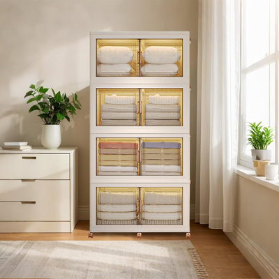 Bacs de rangement en plastique avec couvercles, armoire de rangement pliable pliable à 4 niveaux avec portes et roues magnétiques, boîtes de rangement pliantes, bacs de rangement empilables pour dortoir Closet Home