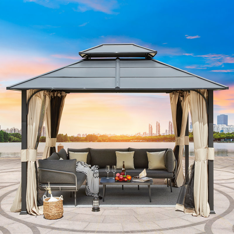 12 Ft. W x 10 Ft. D Hardtop Gazebo, Double layered Roof Gazebo, Dark Gray