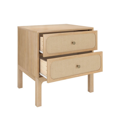 Elio Rattan 2 Drawer Nightstand with Brass Knob, Blonde