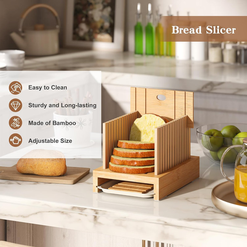 Bread Slicer Bamboo Wood With Crumb Tray Adjustable Bread Slicing Guide Foldable Compact Cutting Board Easily Cut Homemade Cake Bread