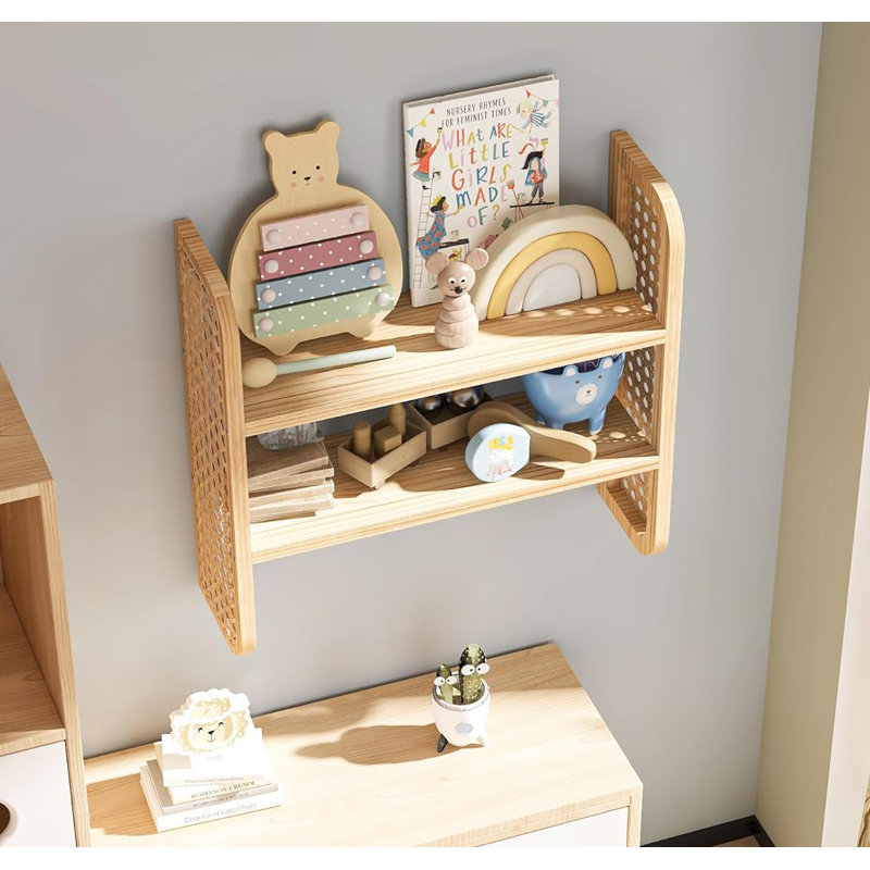 Handmade Woven Rattan Display Shelf 2-Tier Natural Rattan Bookshelf Wall Mounted