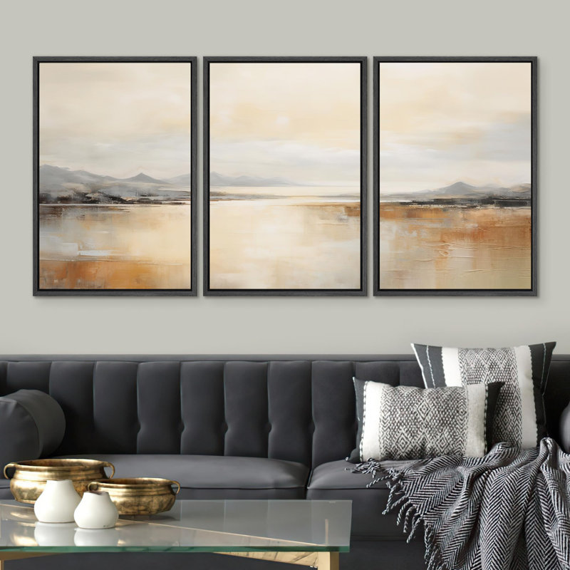 Mountains And Rivers " Golden Hour Lake View Reflective Mountain Landscape Illustration Modern Ultra " 3 - Pieces, Noir
