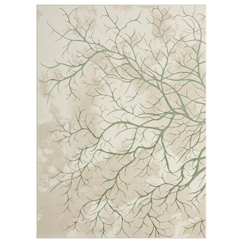 Tapis abstrait vert et beige Ksamil, Rectangle 2 pi x 3 pi 3 po