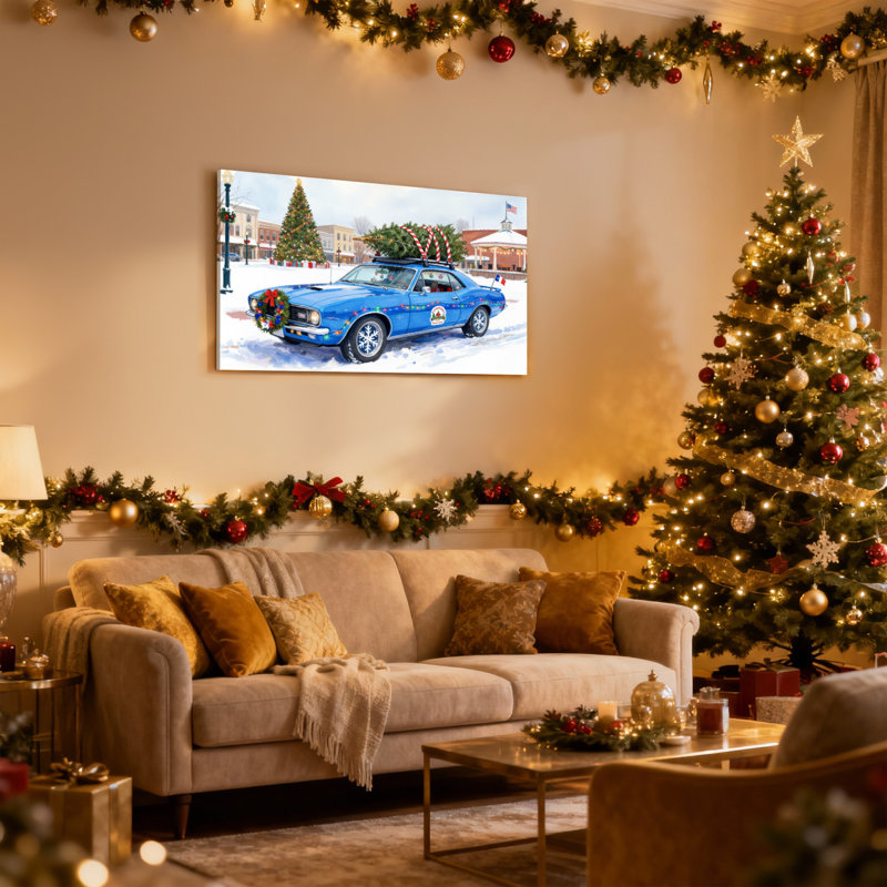 Arbre de Noël voiture de Noël bleu scène de Noël, H 12 po x l 18 po