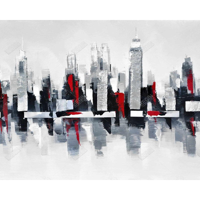 Gray and Red Cityscape - Red Living Room Framed Canvas Decor, 61.25" H x 49.25" W