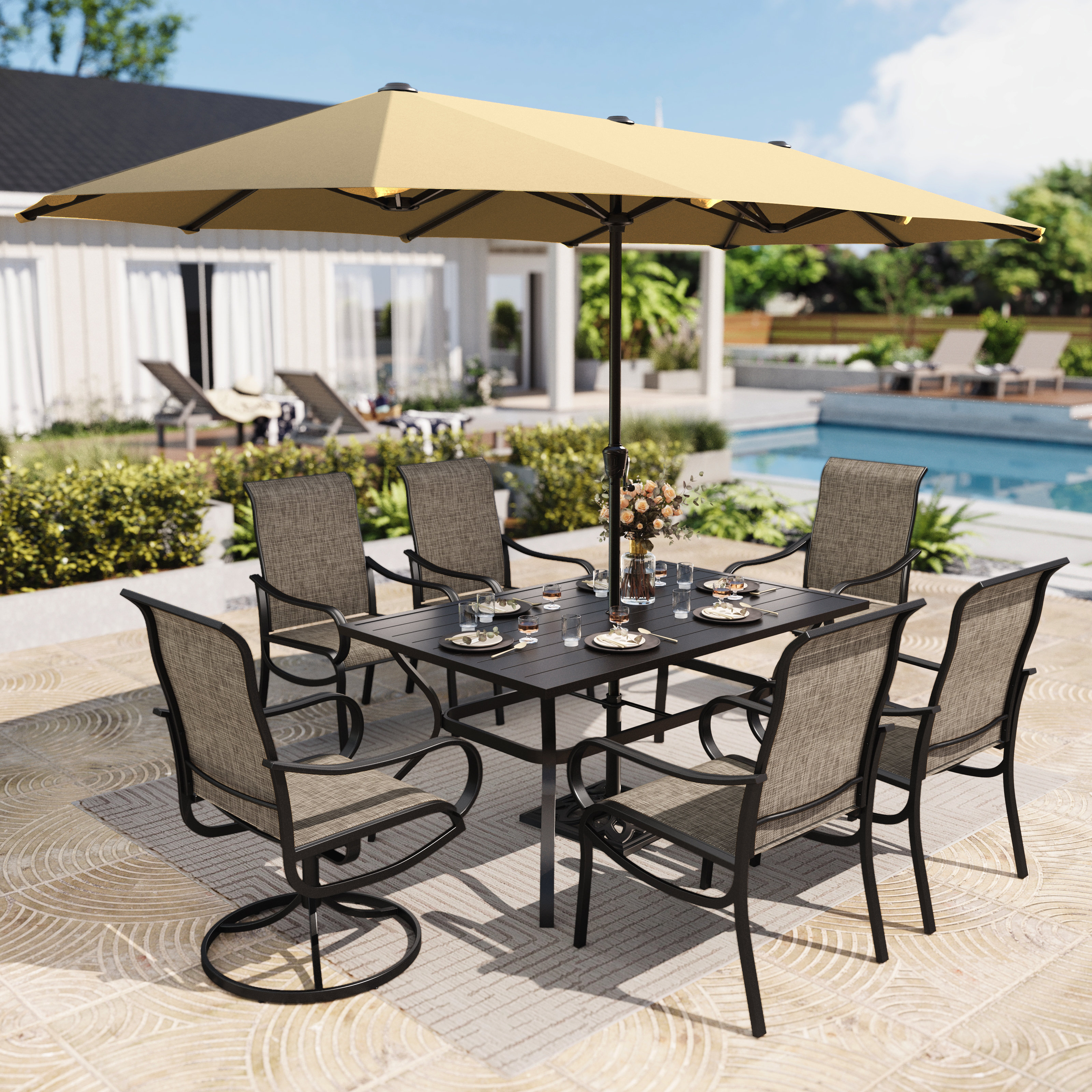 6 seat patio set with umbrella 6-seat Patio Dining Set With Umbrella Lark Manor Umbrella Color: Beige