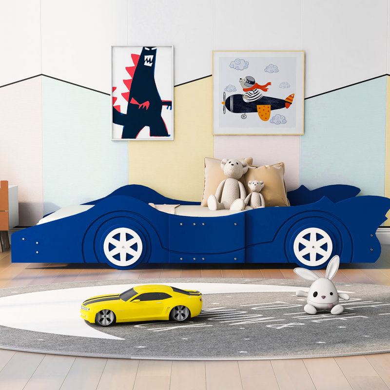 Lit simple en forme de voiture de course avec roues bleues - améliore l'apparence de la chambre à coucher, Bleu