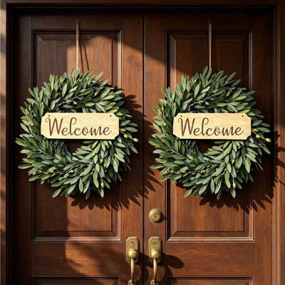 2 Pack 20 Inch Artificial Olive Wreaths with Welcome Wooden Sign, Faux Olive Leaf & Fruit Wreath for Front Door Farmhouse Indoor Outdoor Decor