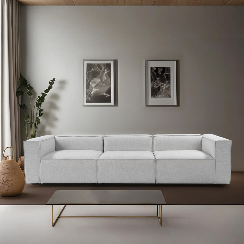 Élégant canapé 3 places, revêtement en lin gris clair, 116,5 po x 26,0 po x 25,9 po | Cadre 100% charme, 32 mousses en mousse pour plus de confort | Pieds en plastique élégants, parfaits pour le salon et les espaces modernes