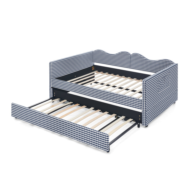 Lit de jour avec gigogne pour enfant Gingham, Bleu