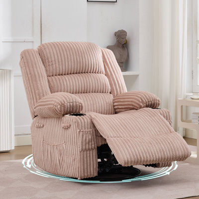 Swivel Rocker Recliner, Manual Corduroy Chair, Extra Wide Seat, 350 Lb Capacity, Cup Holder & Pockets for Living Room, Pink