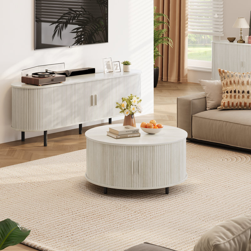 31.5" Modern Round Coffee Table With 360° Curved Sliding Door., White