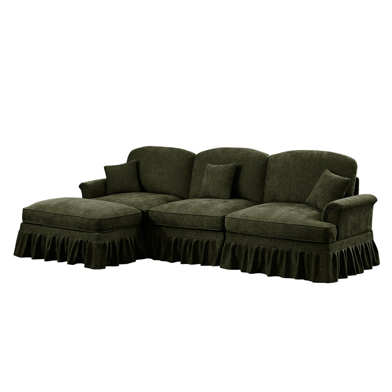  Modern 3 Seater Modular L Shaped Sectional Couch With Removable Ruffles Pleats Skirts Comfy Chenille 3-Seat Sofa With Movable Ottoman