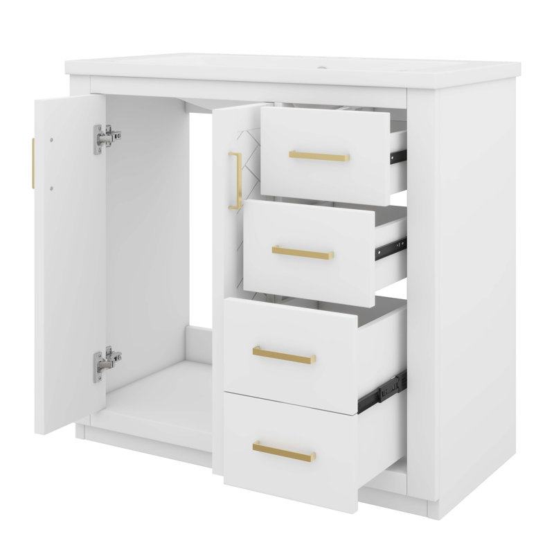Ensemble de meuble-lavabo 36 po avec lavabo en céramique 36 po, meuble-lavabo autonome avec 3 tiroirs, Blanc, Doré