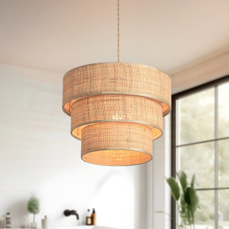 3 Tier Rattan Plug in Pendant Light, Natural