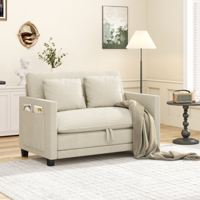 51" Convertible Sofa Bed With Storage Pockets & 2 Pillows, Modern 2-In-1 Folding Corduroy Fabric Loveseat For Small Spaces, Beige