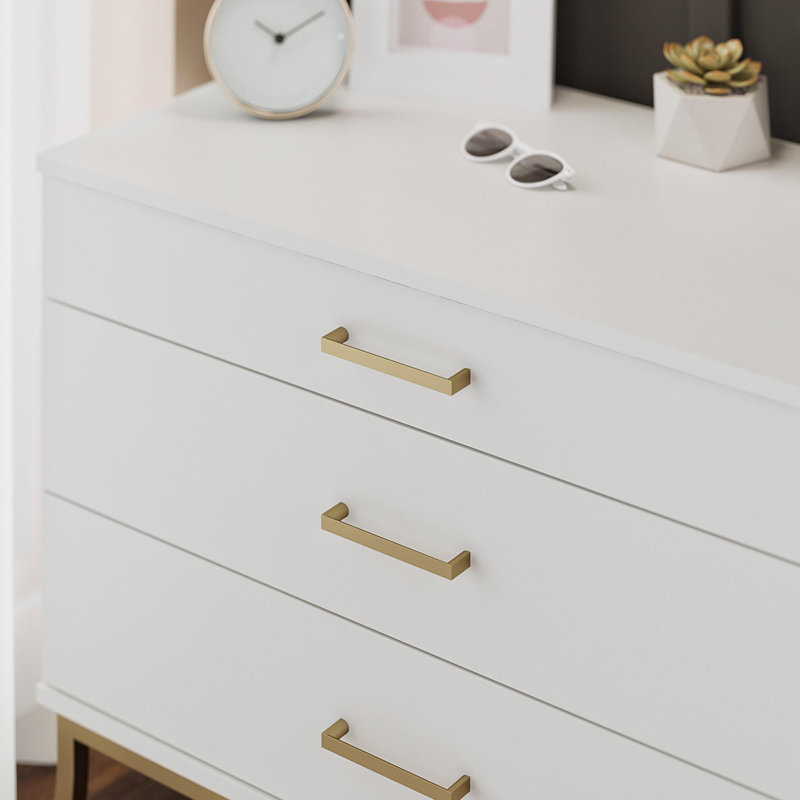 Petite commode à 3 tiroirs avec poignées barre Portishead, blanc et or