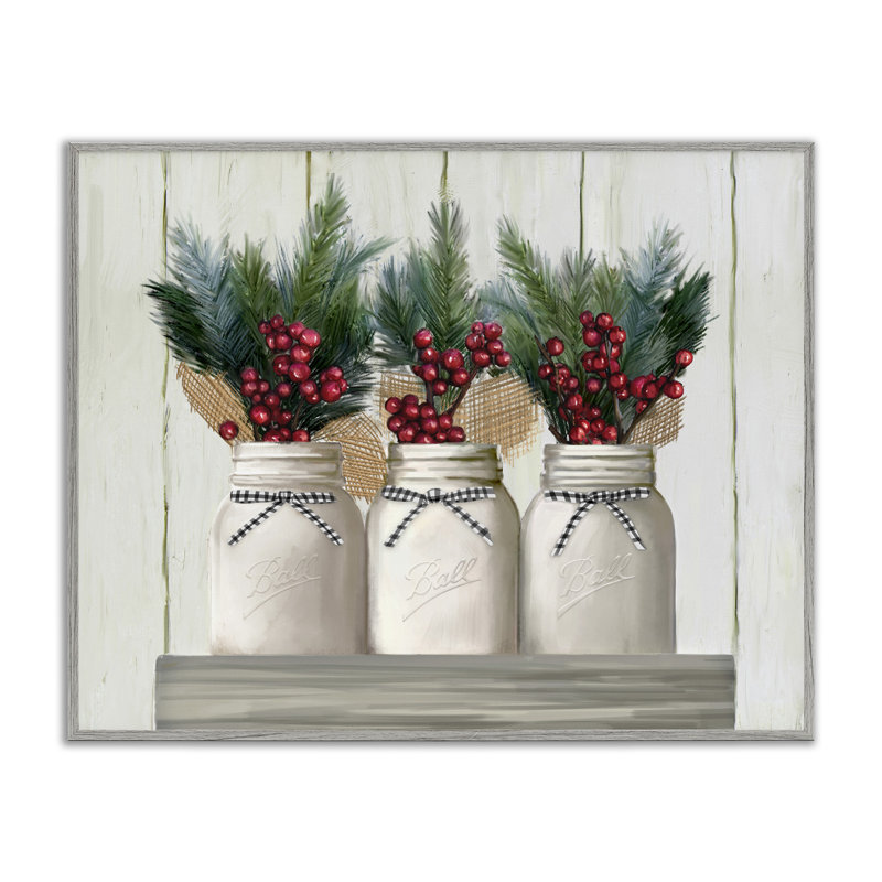«White Country Jars with Christmas Berry Bouquets» par Ziwei Li - impression d'art graphique, Estampe numérique Farmhouse