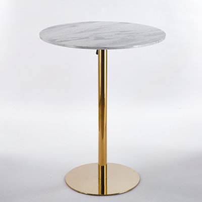 Table de bar style tulipe doré et blanc de style Mid-Century avec plateau rond en bois aggloméré pour 2 à 4 personnes