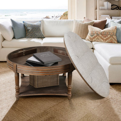 Table basse capitonnée à 2 niveaux avec tablettes en bois