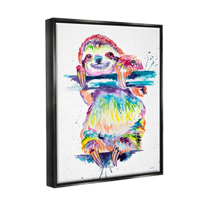 «Fun Rainbow Sloth Wildlife» par Jen Seeley - peinture sur toile à cadre flottant