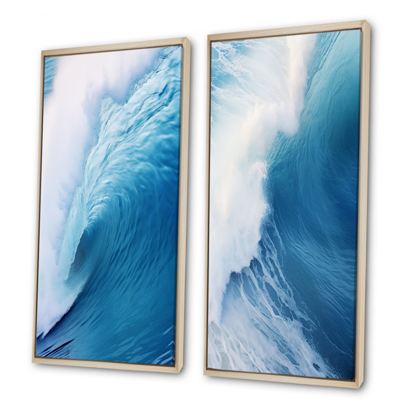 Blue Wave Blue Wonder - ensemble de 2 pièces d'art mural bord de mer, H 40 po x l 41 po, Cadre flottant brun
