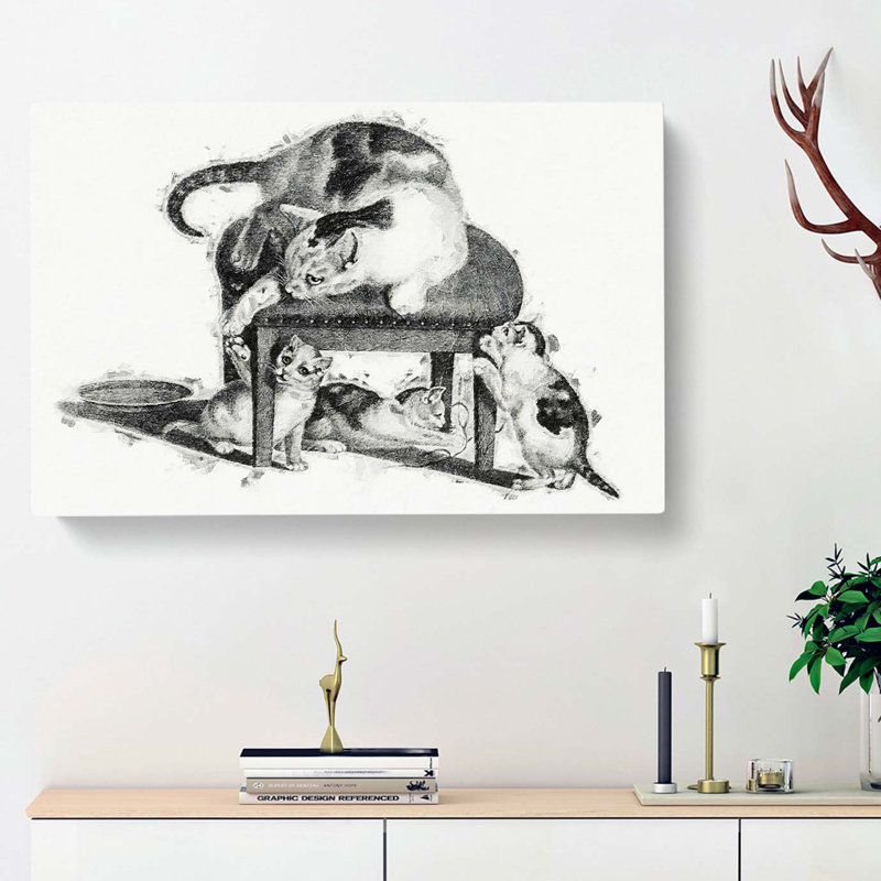 Cat with Kittens by Gottfried Mind - Wrapped Canvas Drawing - Wrapped Canvas, 35cm H x 50cm W x 3cm D