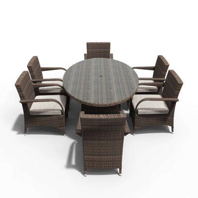 Hampton 7-Piece Outdoor Dining Set with Oval Table in PE Wicker and Cushions by Abrihome