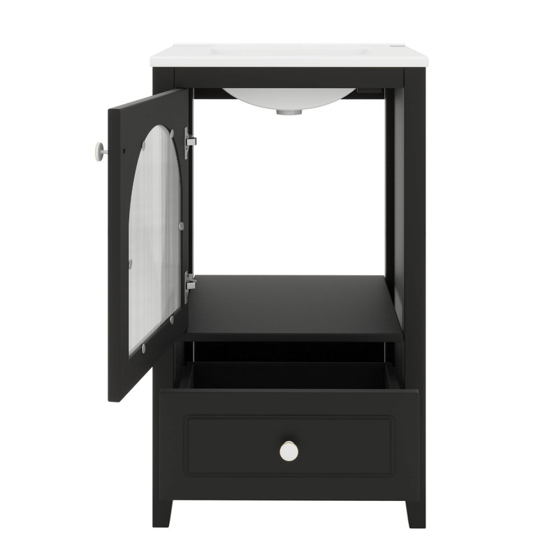 Meuble-lavabo de 20 po avec lavabo et porte en verre à fermeture douce et silencieuse, Noir
