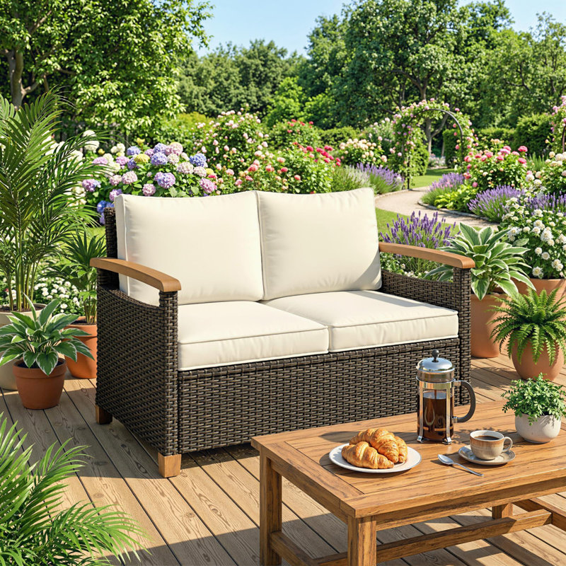 124cm Wide Straight Loveseat, Cream Cushion/Brown Frame