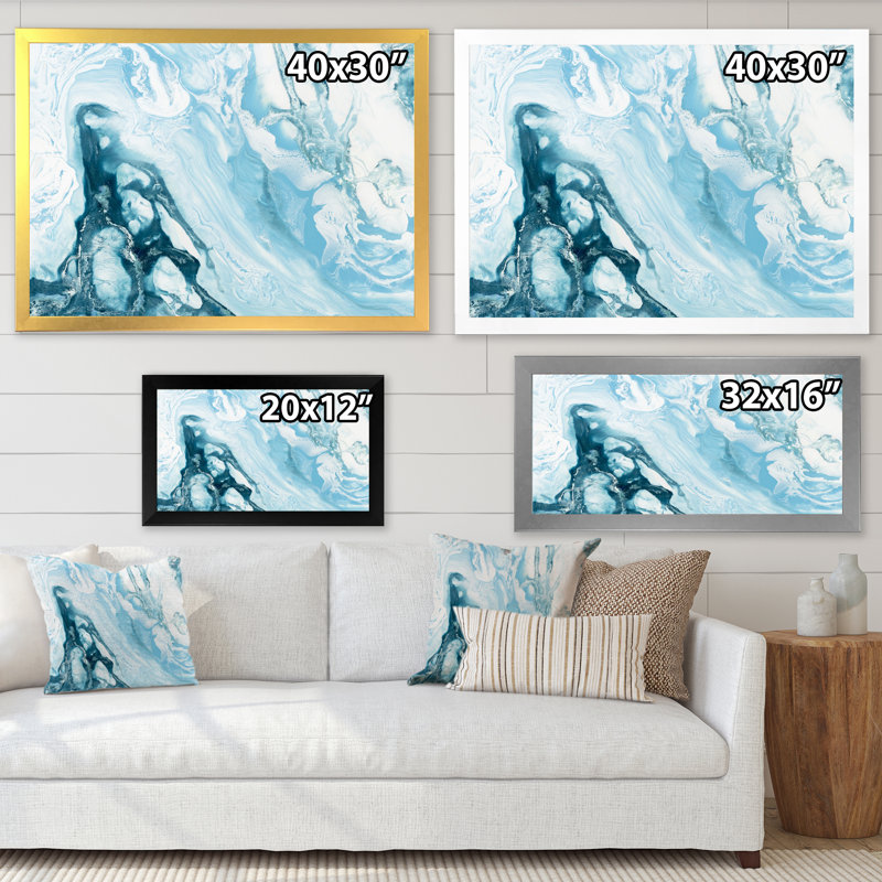 Vague bleue liquide - peinture sur toile, H 16 po x l 32 po, Cadre photo doré