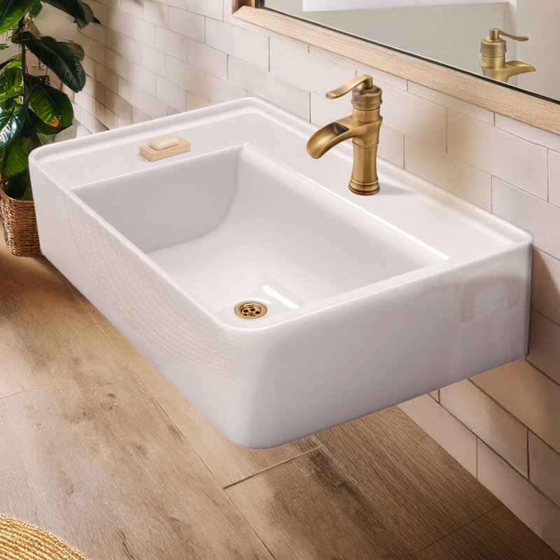 Lavabo mural rectangulaire de 30 po avec perçage de robinet et drain central arrière de la collection Whitehaus, Simple