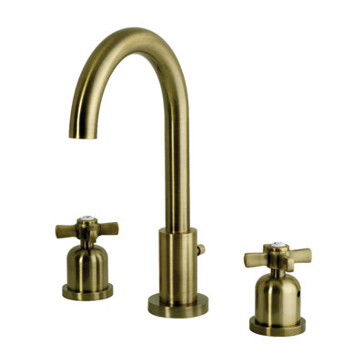 Kingston Brass Millennium Two-Handle 3-Hole Deck Mount Widespread Bathroom Faucet with Brass Pop-Up Drain