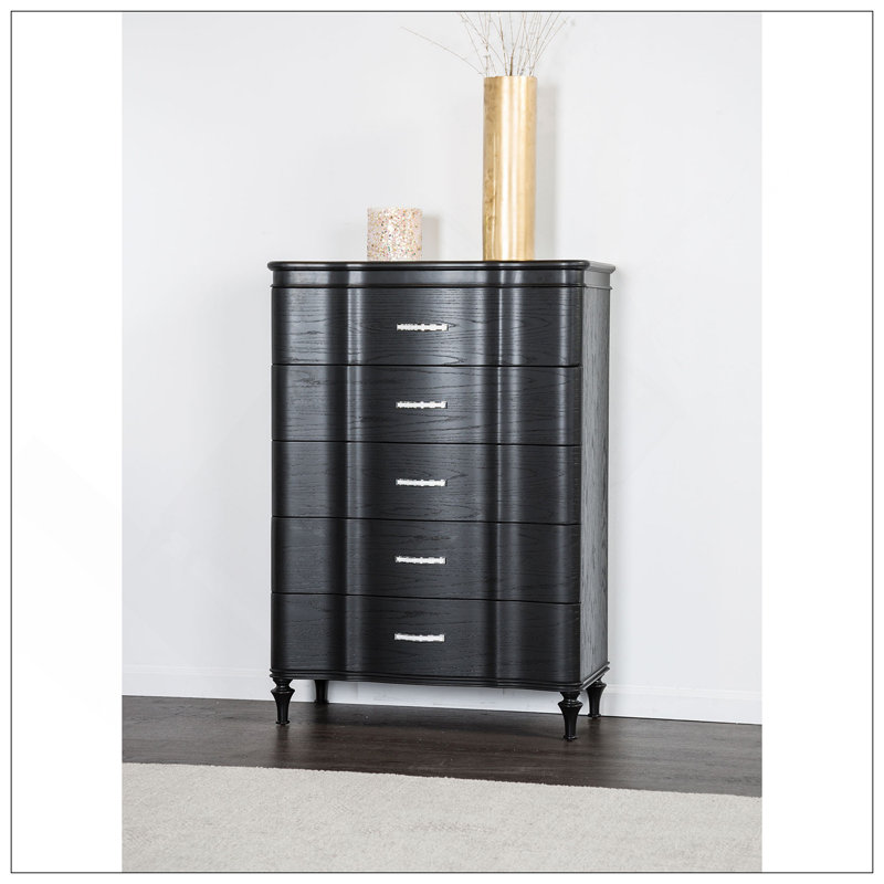Finition glamour 1 pièce Commode courbée à pleine extension avec poignées en acrylique et pieds en bois tournés, Noir