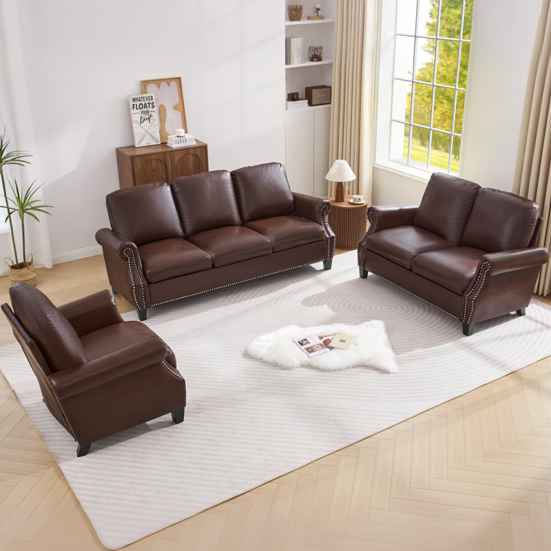 Ensemble de salon en similicuir 3 pièces, Marron foncé