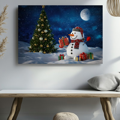 Canvas A Cheerful Snowman With A Bright Orange Carrot Nose And Wall Art A Wide Smile Stands In A Snowy Landscape Holding A Perfect For Canvas Wall Art