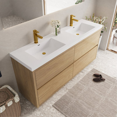 Meuble-lavabo autoportant 72 po avec double vasque, meuble-lavabo avec comptoir en résine de pierre et tiroirs à fermeture en douceur, chêne naturel