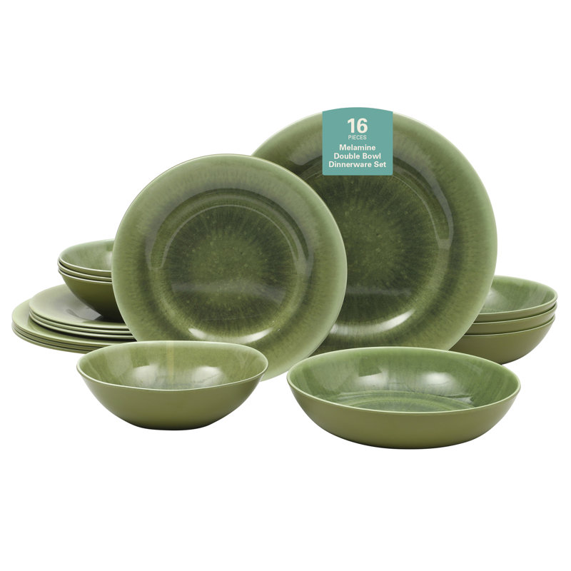 Service de table en mélamine 16 pièces Gibson Home Casper Court - aspect glacis réactif - service pour 4 - vert, Vert