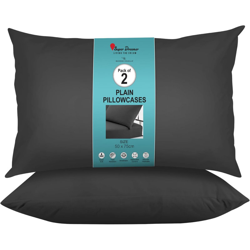 Super Dreamer Solid Colour Pillowcases 2 Pair 50x75Cm - Polyester Fabric Machine Washable High Quality Yarn, Black