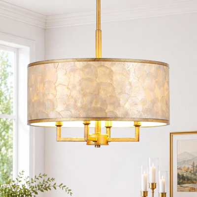 Lustre tambour 4 lumières en forme de coquillage naturel Capiz
