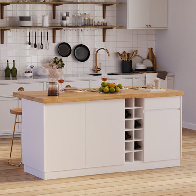 Japandi Kitchen Island with Storage and Seating Space,Island Table with Wine Rack (Without Bar Stools)