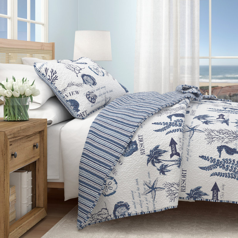 Catalina Twin Reversible Navy Blue Microfiber Quilt Set