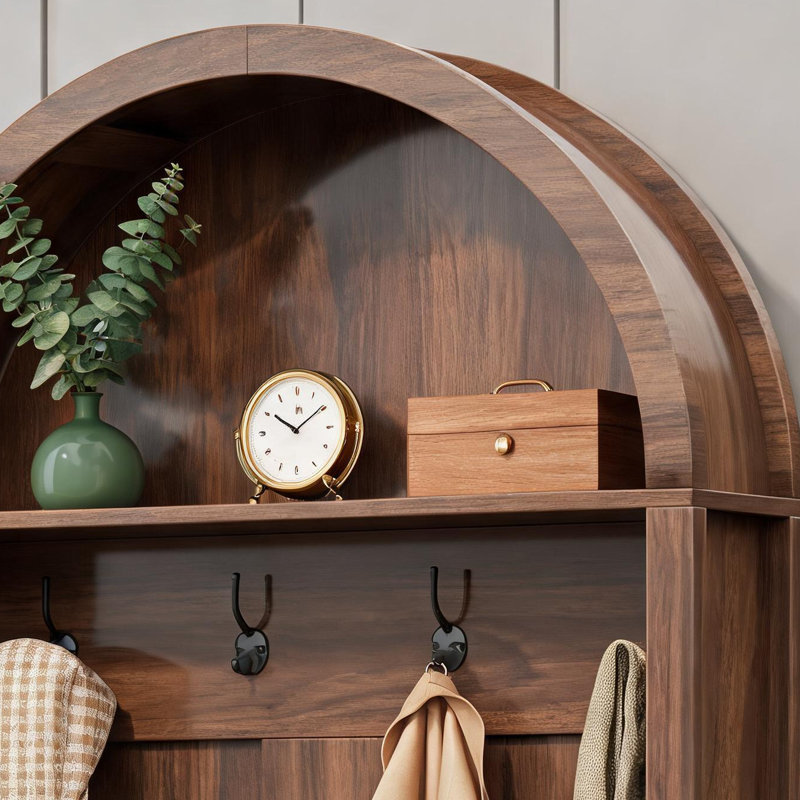 Walnut Wood-Colored Farmhouse Style Entryway Coat Rack, Four-In-One Multi-Functional, With Hooks, Shoe Rack, Bench, And Hallway Compatibility.